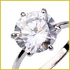 A close-up of a silver ring with a round, faceted diamond held by six prongs.