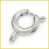 A small, silver spring ring clasp commonly used for fastening necklaces or bracelets.
