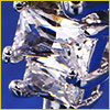 Close-up of a sparkling, square-cut diamond set in a silver-colored metal against a blue background.