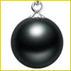 A shiny black wrecking ball hanging from a metal chain against a white background.