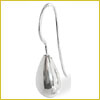 A shiny, silver teardrop-shaped object with a curved wire hook attached at the top, set against a white background.