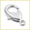 A shiny silver lobster clasp used for fastening jewelry, such as bracelets or necklaces, shown on a white background.