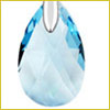 Teardrop-shaped blue crystal pendant with silver at the top, isolated on a white background.